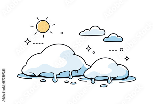 Snow's Gentle Transition. Melting snow illustration. Soft piles of snow slowly turning into water droplets under gentle sunlight. The scene feels calm,
