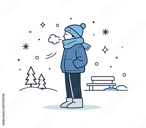 Winter Warmth Vignette. Winter lifestyle concept illustration. Simplified figure dressed warmly outdoors with visible breath and falling snow, calm everyday