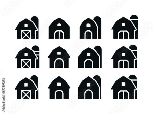 Barn and Silo Icons. Barn and silo. Icon set. Set Logo of Barn and silo: Silo behind pitched barn: Abstract geometric, Symmetrical form, Filled silhouette,