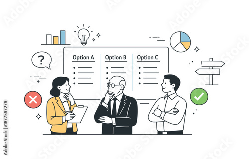 Corporate Decision Review. Corporate decision making process. Executives reviewing key options on a clean digital board. Calm evaluation and responsibility,
