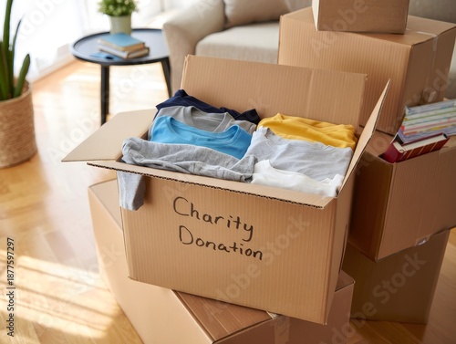 Charity Donation Box with Clothing - Moving, Decluttering, Generosity Concept