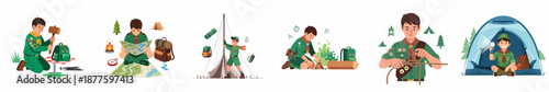 Boy Scout camping and outdoor skills collection: setting up a tent, reading a map, making a campfire, and tying knots illustration.