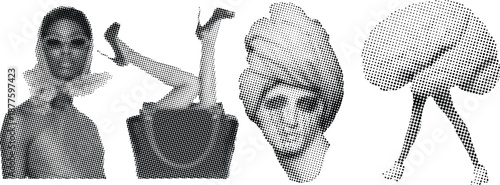 Black and White Halftone Collage of Surreal Human Figures and Abstract Objects in Vintage Pop Art Style