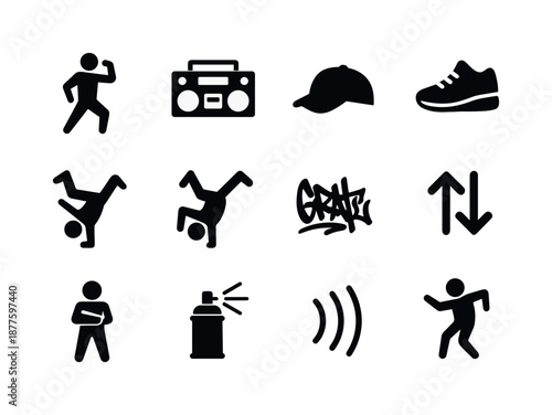 Hip-Hop Dance Icons. Hip-hop dance. Solid icon set of hip-hop dance: street dancer pose, boom box, cap silhouette, sneaker icon, breakdance freeze, handstand