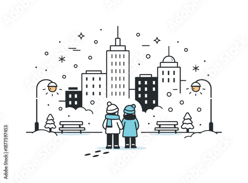 Snowy Urban Serenity. Snowfall in the City. Tall buildings and streetlights with snow gently falling, creating a soft and atmospheric urban scene.