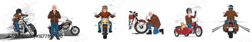 Senior Biker Lifestyle Vector Set: Man Riding, Repairing, and Traveling with Classic Motorcycles and Dog in Sidecar.