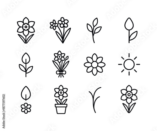 March Birth Flowers Icons. March birth flowers. Line icon set of march birth flowers: daffodil, jonquil, leaf sprig, bud, bouquet shape, sunshine icon, petal