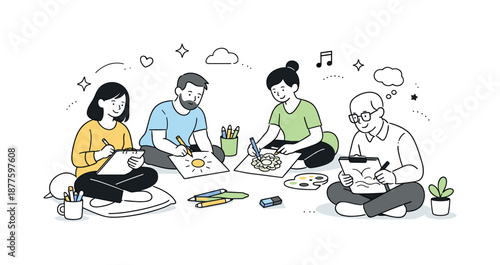 Art Therapy Session. Group doing art therapy. Several people sitting together and drawing, calm atmosphere of self-expression and emotional balance through