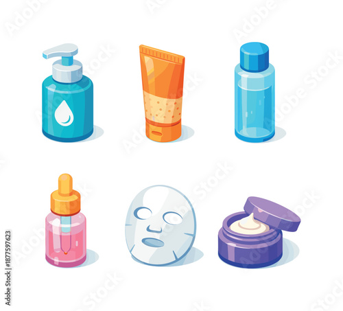 Facial Care Icons. Facial Care. Isometric flat vector icons set of facial care: face wash pump bottle, exfoliating scrub tube, hydrating toner bottle, essence