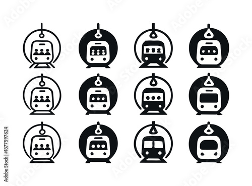 Subway Train Logo Variations. A subway train moving through underground tunnels, with passengers inside. Icon set. Set Logo of a subway train moving through