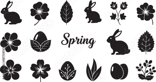 Springtime icons and silhouettes of rabbits and flowers collection