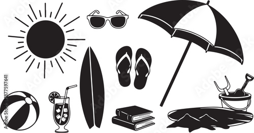Black and white beach summer vacation icons and objects