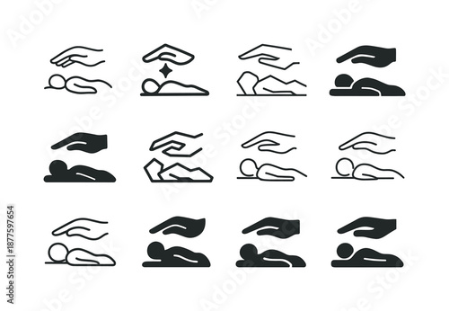 Healing Touch Logos. healing touch. Icon set. Set Logo of healing touch: hand above resting figure. harmonious logo variations of the same emblematic concept,