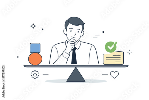 Balanced Business Decisions. Fair decision-making in business. Manager weighing options shown as balanced shapes and symbols, thoughtful and composed mood.