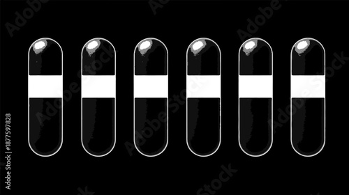 Six pill-shaped objects with black bodies and white bands set against a black background