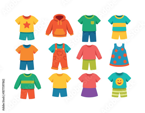Kids' Casual Outfit Icons. Kids casual outfits. Colorful flat vector icons set of Kids casual outfits: t-shirt outfit, hoodie set, jeans look, sporty outfit,