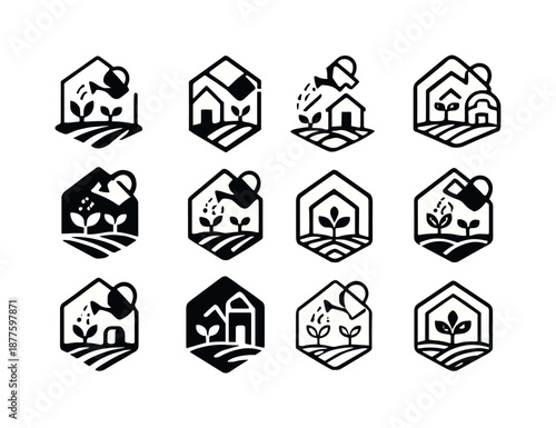 Farm Logo Variations. A small farm with a hand-built greenhouse for growing vegetables. Icon set. Set Logo of A small farm with a hand-built greenhouse for