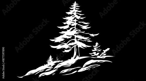 A white silhouette of an evergreen tree on an uneven ground against a stark black background