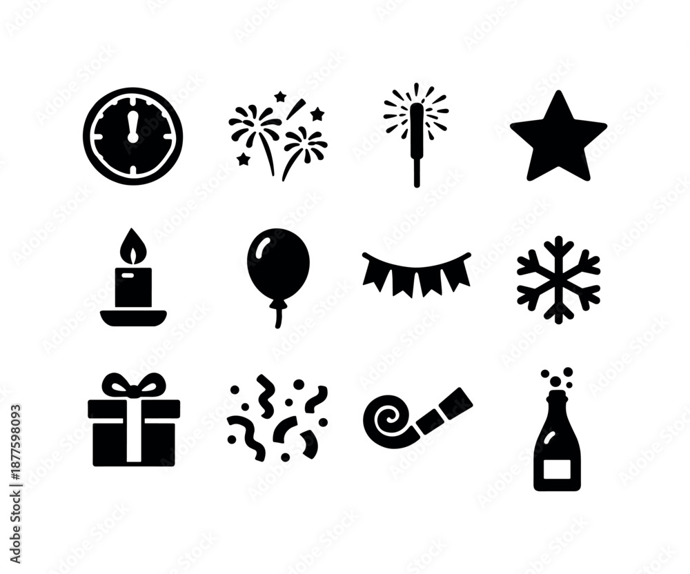 Fototapeta premium Festive Icons Grid. Festive countdown. Solid icon set of festive countdown: clock dial, fireworks, sparkler, star icon, candle, balloon, banner, snowflake,