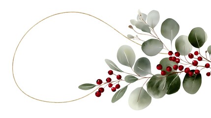 Elegant eucalyptus leaves with red berries and gold frame border isolated on white background for wedding invitations and holiday decorations.