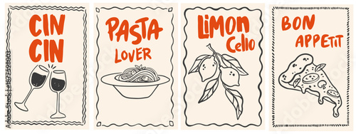 Hand drawn food posters. Whimsical Mediterranean prints with pizza, lemon, wine, and italian pasta. Breakfast, lunch, dinner. Vector La Dolce Vita style banners for wall decor, cafes and restaurants
