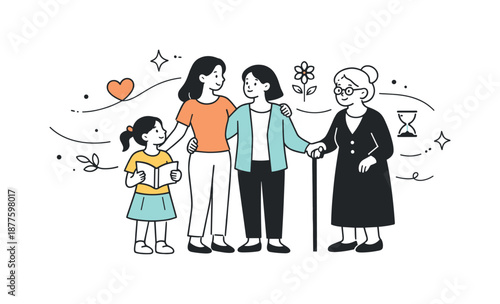 Generational Bond. Generations of Women. Women of different ages standing together, connected by soft lines and shared symbols. Warm, inclusive mood showing