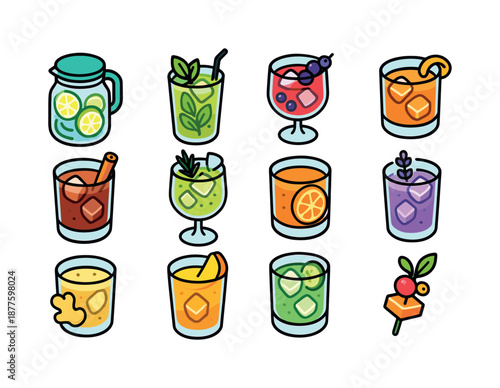 Colorful Mixology Icons. Mixology creations. Colorful isometric vector icons set of mixology creations: infused water jar, herb cocktail, berry infusion,