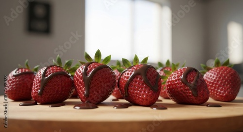 Close-up of ripe strawberries drizzled with chocolate, on a wooden board, with blurred background