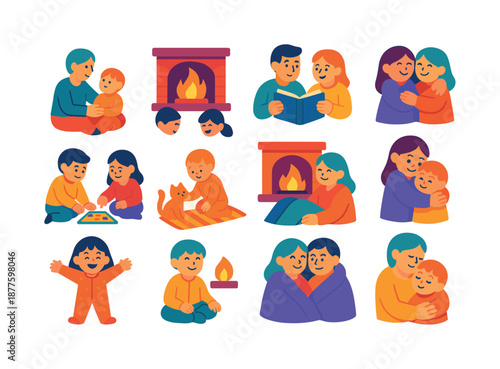 Family Fireplace Icons. Family fireplace time. Colorful flat vector icons set of family fireplace time: parent with child, shared storytime, laughter by fire,