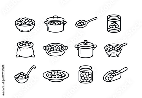 Cooked Beans Icon Set. Cooked Beans. Line icon set of Cooked Beans: bowl of beans, pot of beans, spoon with beans, canned beans, bean bag, bean stew, pressure