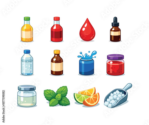 Colorful Bar Mix Icons. Bar Mixes. Colorful flat vector icons set of Bar Mixes: sour mix bottle, sweet syrup, grenadine drop, bitters vial, tonic water, ginger