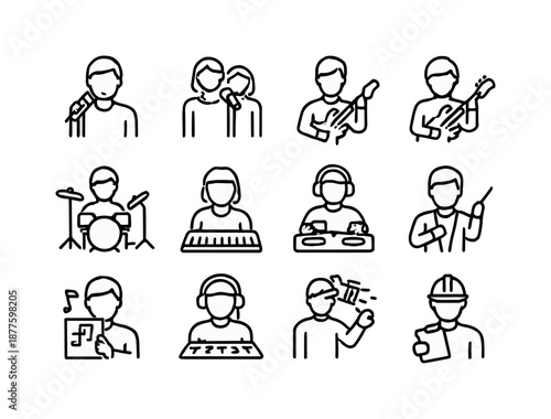 Band Role Icons. Band & Performer Roles. Line icon set of Band & Performer Roles: lead singer, backup singer, guitarist, bassist, drummer, keyboardist, DJ,