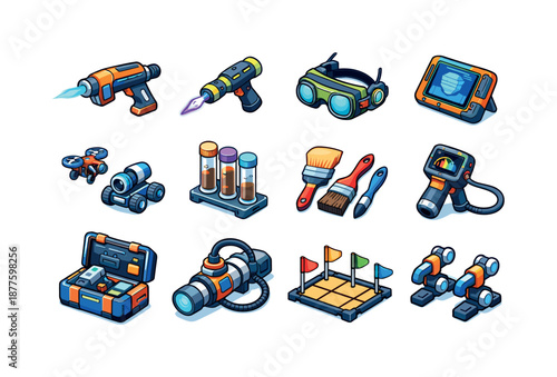 Isometric Archaeology Tools. Interstellar archaeology tools. Colorful isometric vector icons set of interstellar archaeology tools: plasma cutters, energy