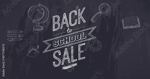 Animation of back to school text over school items icons