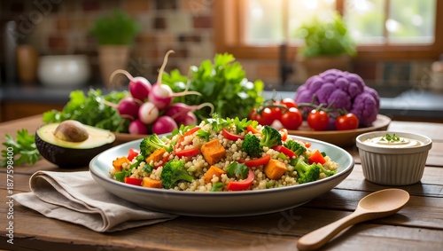 Vibrant Vegetarian Grain Bowl with Fresh Vegetables and Dressing