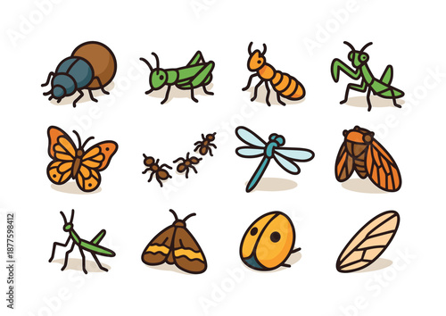 Colorful Savanna Insect Icons. Savanna insects. Colorful isometric vector icons set of savanna insects: dung beetle, grasshopper, termite, praying mantis,