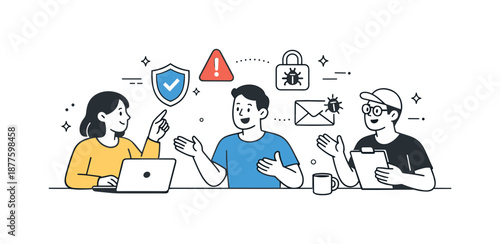 IT Security Discussion. IT security discussion. Team members reviewing security symbols and warning icons together. Awareness, prevention, and cooperation