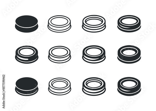 Mason Jar Lid Icons. mason jar lid. Icon set. Set Logo of mason jar lid: two-piece sealing lid (ring + cap). harmonious logo variations of the same emblematic