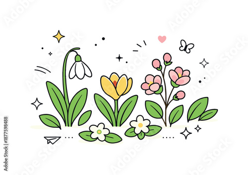 Spring Bloom Preview. Spring bloom preview. Early flowers just beginning to open among fresh green leaves, hinting at the coming season. Light, optimistic mood