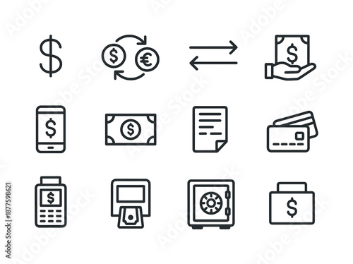 Financial Icon Set. Financial Transactions. Line icon set of Financial Transactions: dollar icon, currency exchange, transfer arrows, hand with cash, mobile