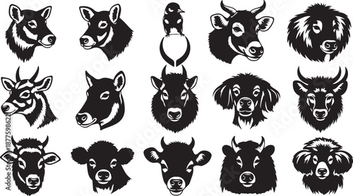Collection of various animal heads in black and white