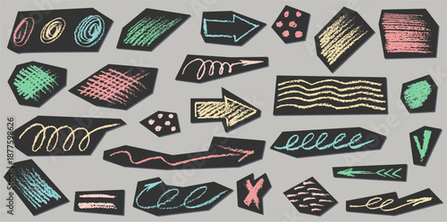 Crayon charcoal pencil hand drawing curly lines, splash, squiggles and shapes. Black elements on collage white cut paper. Grunge chalk crayon scribbles doodles textures. Rough crayon strokes.
