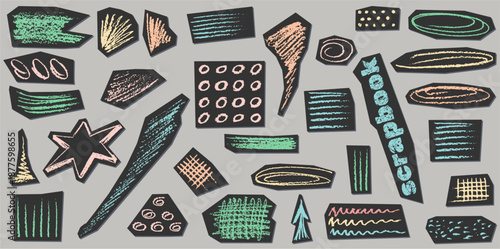 Crayon charcoal pencil hand drawing curly lines, splash, squiggles and shapes. Black elements on collage white cut paper. Grunge chalk crayon scribbles doodles textures. Rough crayon strokes.