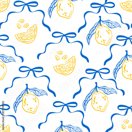 Vintage trellis seamless pattern with lemons and bows. Whimsical summer coquette print. Vector Italian vacation aesthetics background with citrus fruits for fabric, wrapping paper.