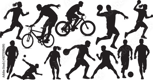 Silhouettes of people engaging in various sports activities together