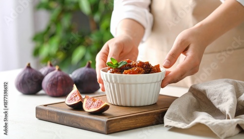 Hands Presenting A Bowl Of Red Fig Jam Topped With Mint Leaf Beside Fresh Figs On Wooden Board In Natural Light