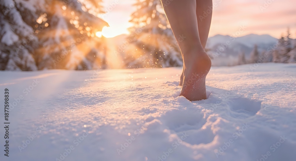 Fototapeta premium Bare feet walking through fresh snow at golden hour sunset with warm sunlight creating magical sparkles and footprints in pristine winter landscape.