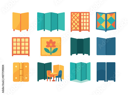 Colorful Folding Screen Icons. Folding screen. Colorful flat vector icons set of folding screen: three-panel screen, four-panel screen, lattice pattern panel,