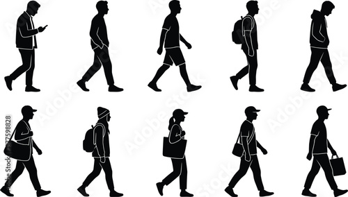 People walking silhouettes set with men women backpacks bags casual urban lifestyle movement isolated black vector illustration