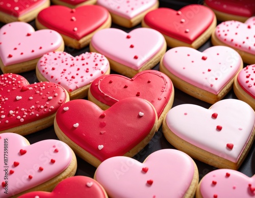 Close-up Of Heart Shaped Cookies In Shades Of Pink And Red Decorated With Sprinkles For Valentines Day